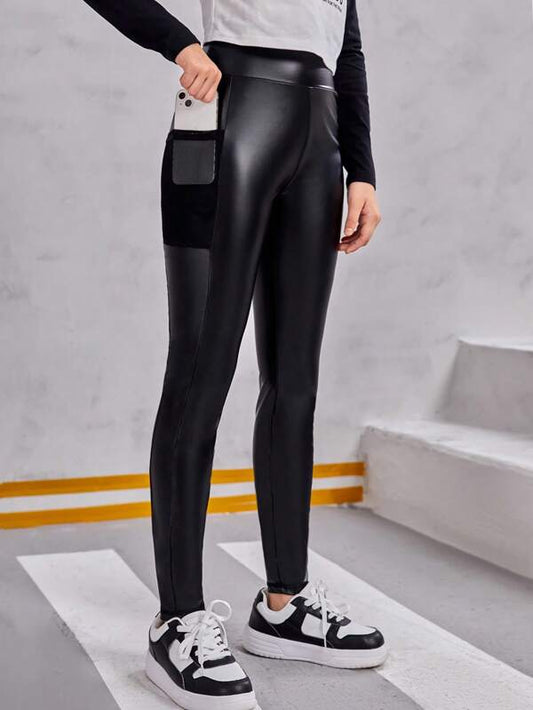 SHEIN Teen Girl PU Leather Leggings With Phone Pocket