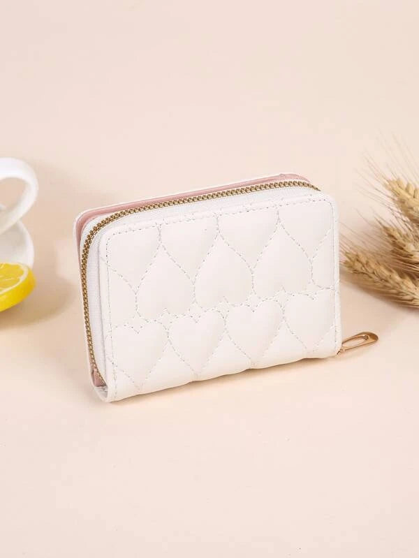 Heart Quilted Small Wallet Trifold Zipper Beige Coin Pocket Small Purse Bifold Zipper Women Wallet