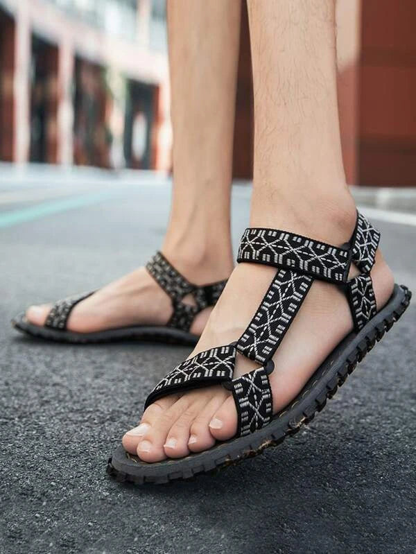 Men Geometric Pattern Hook-and-loop Fastener Strap Sandals, Leisure Outdoor Fabric Casual Sandals