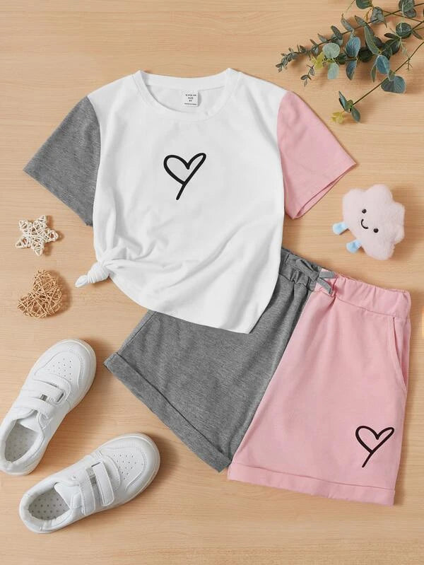 SHEIN Girls Heart Print Colorblock Tee & Knot Waist Shorts