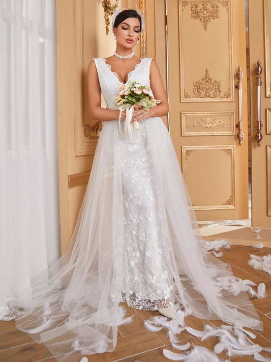 Contrast Mesh Lace Trim Floor Length Wedding Dress