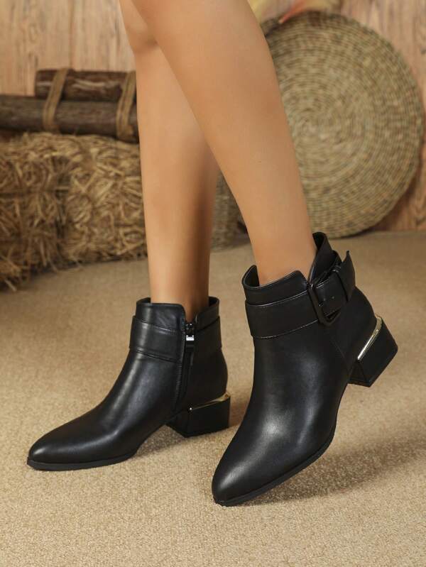 Women's Fashionable Black Side Zipper Chunky Heel Boots With Pointed Toe