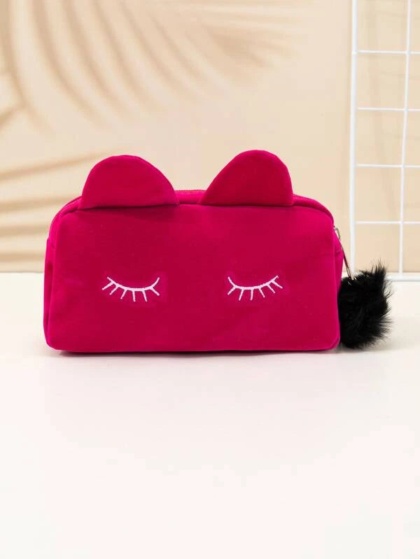 1pc Cute Cat Ears Black Plush Portable Makeup Bag For Women Girls