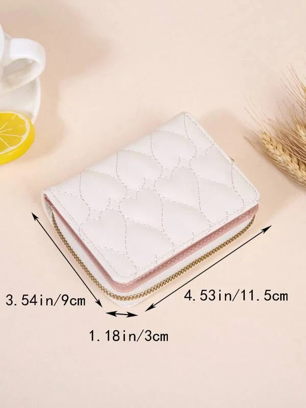 Heart Quilted Small Wallet Trifold Zipper Beige Coin Pocket Small Purse Bifold Zipper Women Wallet