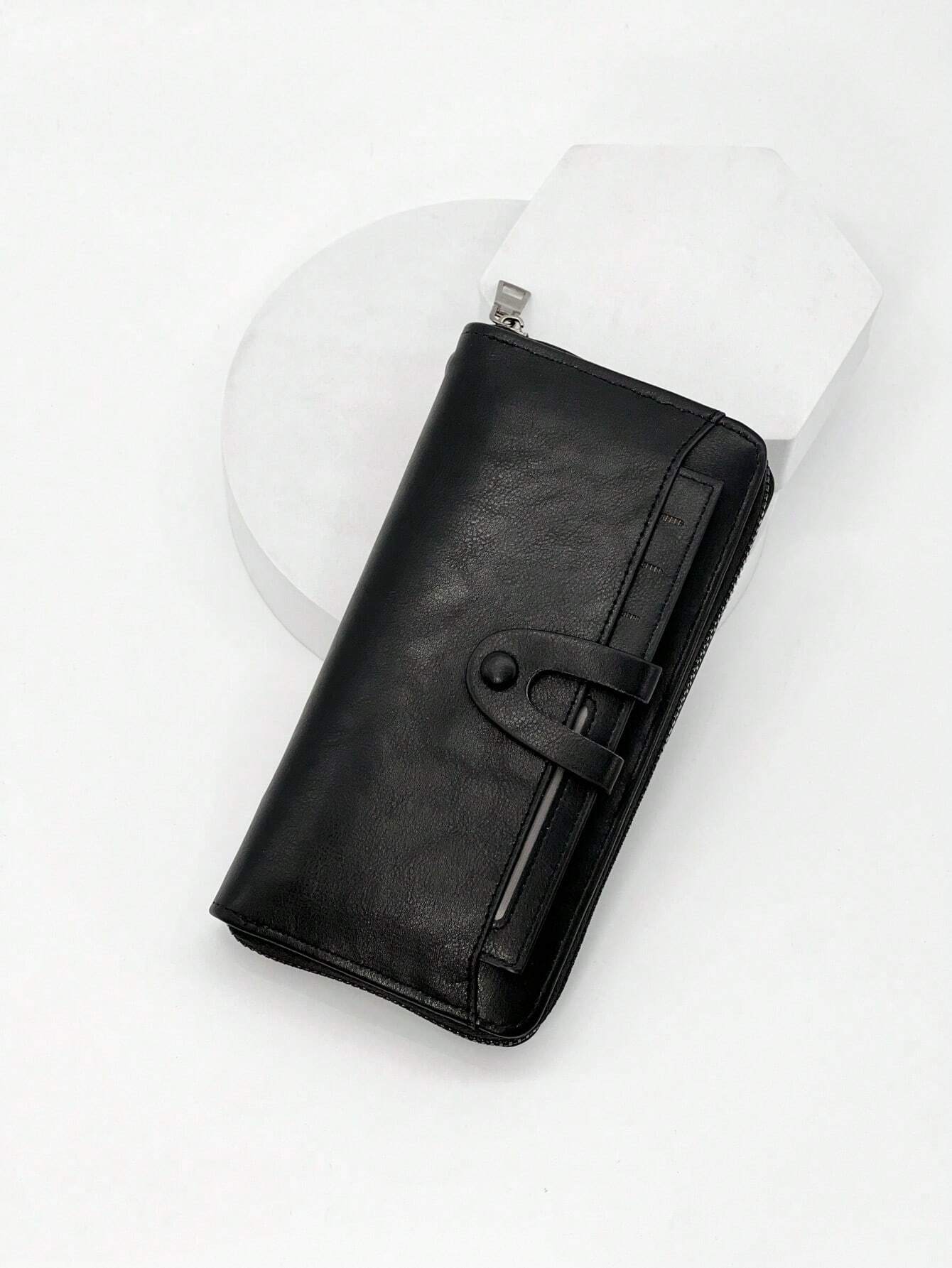 Minimalist Long Wallet Zipper Snap Button Black For Business