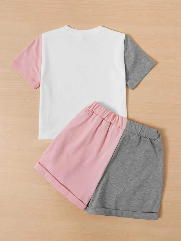 SHEIN Girls Heart Print Colorblock Tee & Knot Waist Shorts