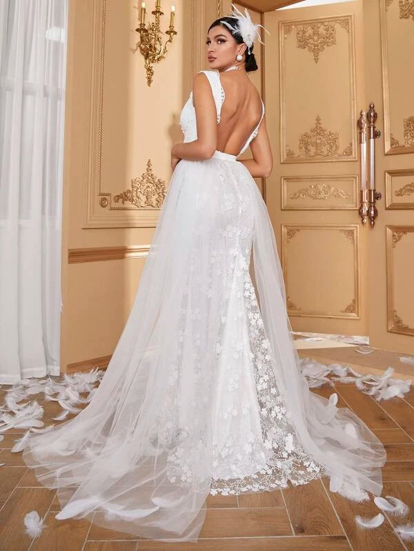 Contrast Mesh Lace Trim Floor Length Wedding Dress