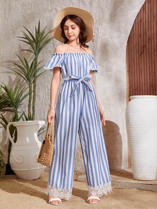 SHEIN Teen Girls Striped Print Off Shoulder Guipure Lace Trim Belted Jumpsuit