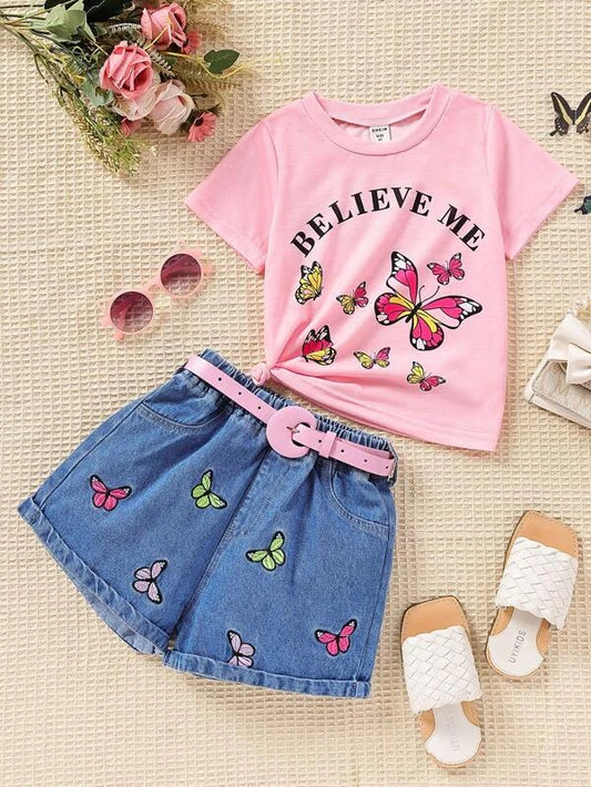 Toddler Girls Butterfly & Slogan Graphic Tee & Belted Denim Shorts