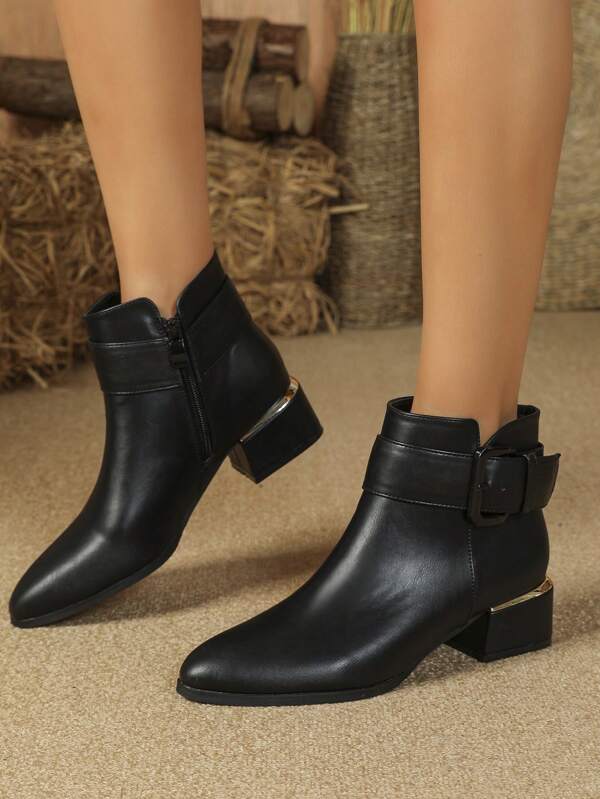 Women's Fashionable Black Side Zipper Chunky Heel Boots With Pointed Toe