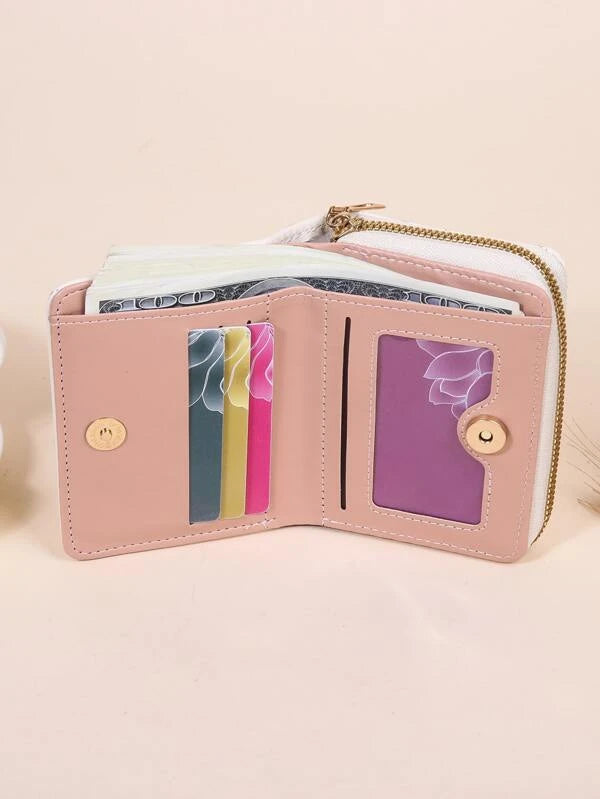 Heart Quilted Small Wallet Trifold Zipper Beige Coin Pocket Small Purse Bifold Zipper Women Wallet