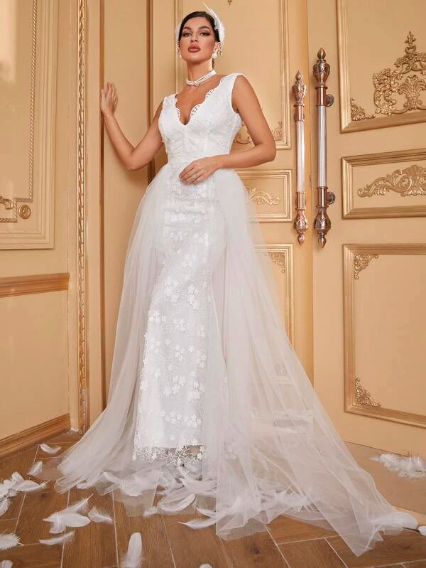 Contrast Mesh Lace Trim Floor Length Wedding Dress