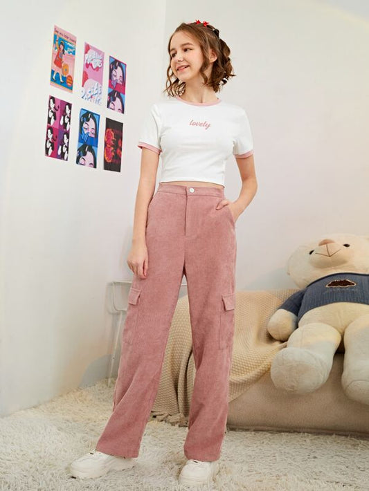 SHEIN Teen Girls Letter Graphic Crop Tee & Flap Pocket Cord Pants