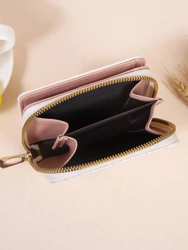 Heart Quilted Small Wallet Trifold Zipper Beige Coin Pocket Small Purse Bifold Zipper Women Wallet