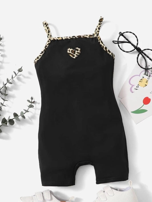 SHEIN Baby Heart Embroidery Contrast Leopard Binding Cami Romper