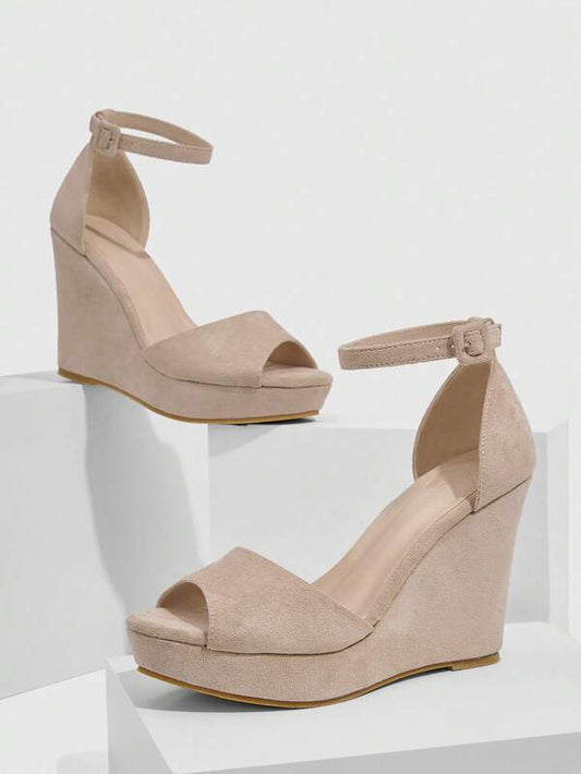 CUCCOO Basic Faux Suede Ankle Strap Wedge Court Shoes