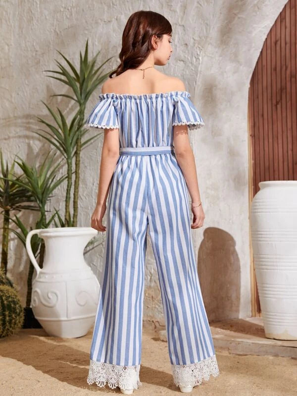 SHEIN Teen Girls Striped Print Off Shoulder Guipure Lace Trim Belted Jumpsuit