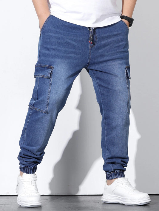 Extended Sizes Men Bleach Wash Drawstring Waist Cargo Jeans
