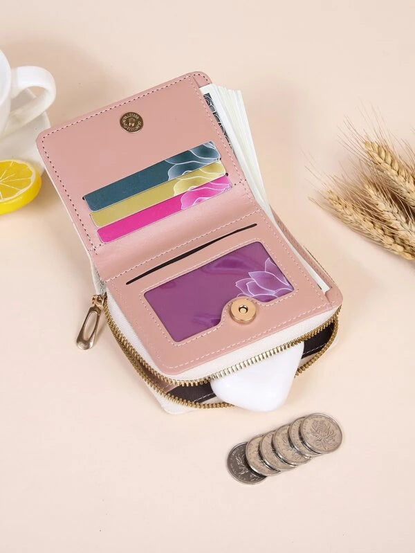 Heart Quilted Small Wallet Trifold Zipper Beige Coin Pocket Small Purse Bifold Zipper Women Wallet