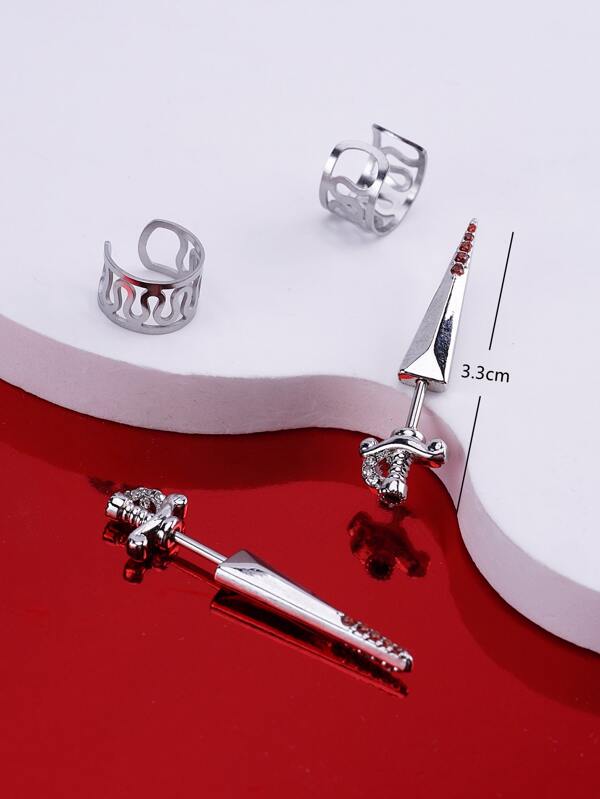 4 PCS Fashion Punk Cool Stainless Steel Funky Sword Earrings Adjustable Ear Cuffs Earrings for Men Women Cartilage Clip-on Earrings Wrap Ear Jewelry Set For Daily Decoration