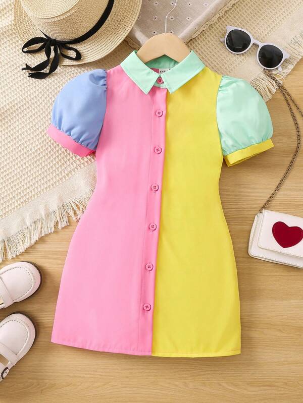 Toddler Girls Colorblock Puff Sleeve Button Front Shirt Dress
