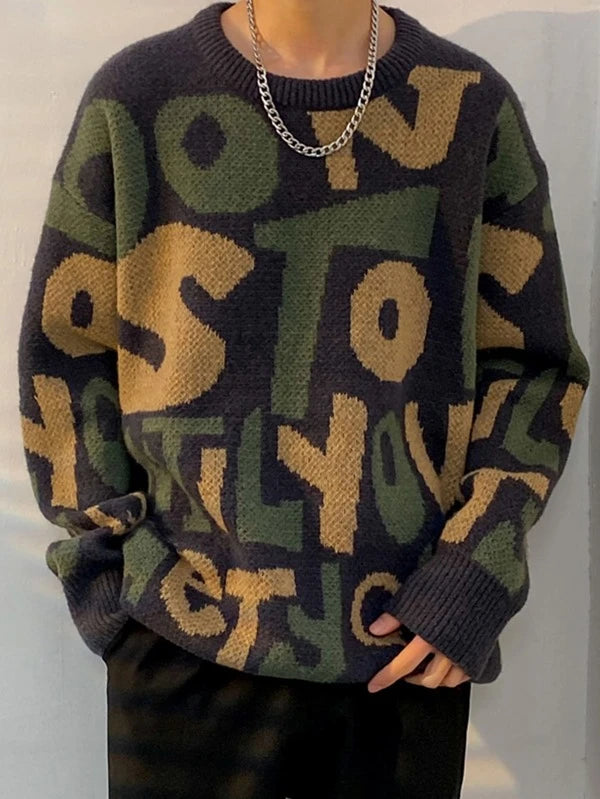 Men Letter Pattern Drop Shoulder Sweater