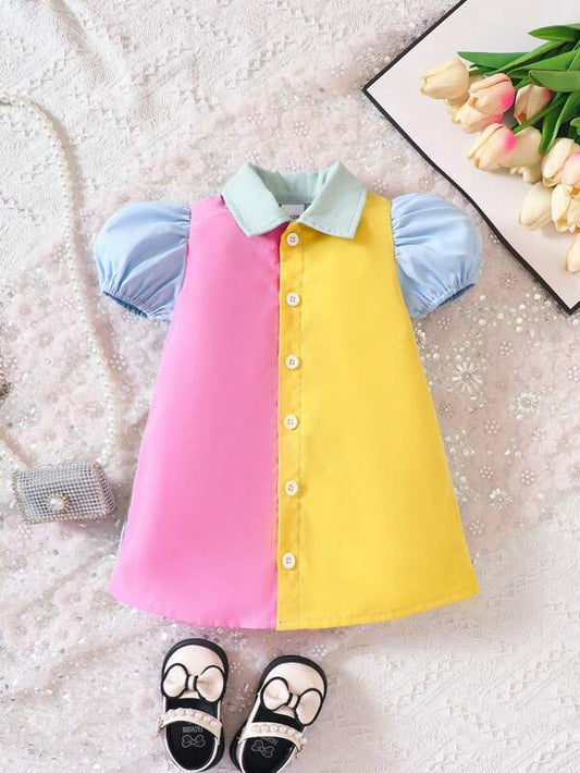 Baby Colorblock Puff Sleeve Shirt Dress