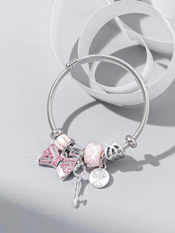 1pc Fashionable Zinc Alloy Rhinestone Decor Bow & Key Charm Bangle For Women For Daily Decoration