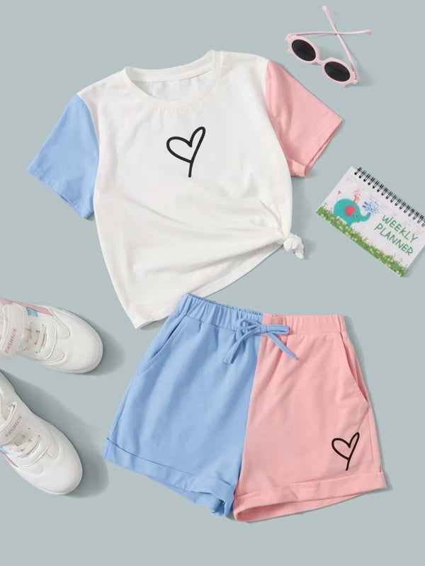 SHEIN Girls Heart Print Colorblock Tee & Knot Waist Shorts