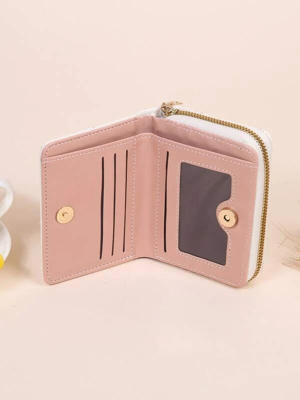 Heart Quilted Small Wallet Trifold Zipper Beige Coin Pocket Small Purse Bifold Zipper Women Wallet