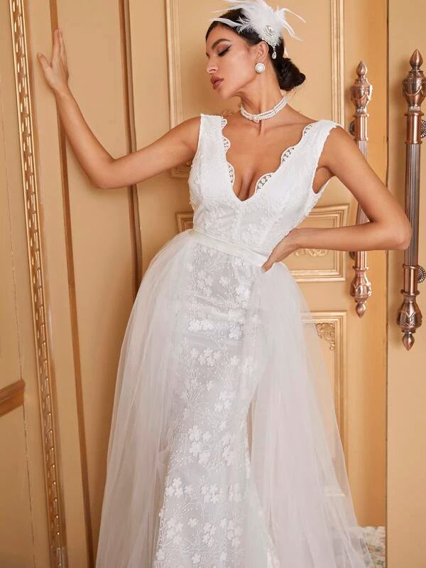 Contrast Mesh Lace Trim Floor Length Wedding Dress