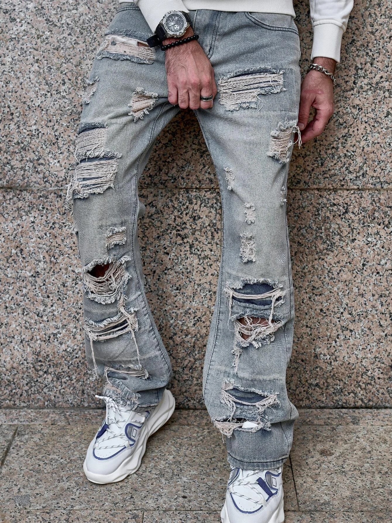 Men Ripped Straight Leg Jeans