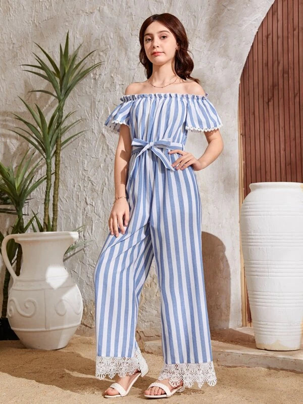 SHEIN Teen Girls Striped Print Off Shoulder Guipure Lace Trim Belted Jumpsuit