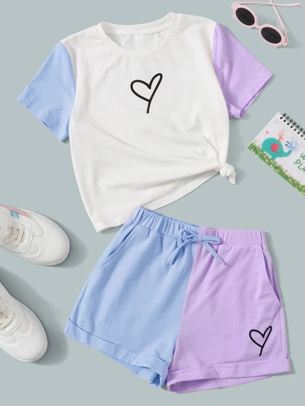 SHEIN Girls Heart Print Colorblock Tee & Knot Waist Shorts