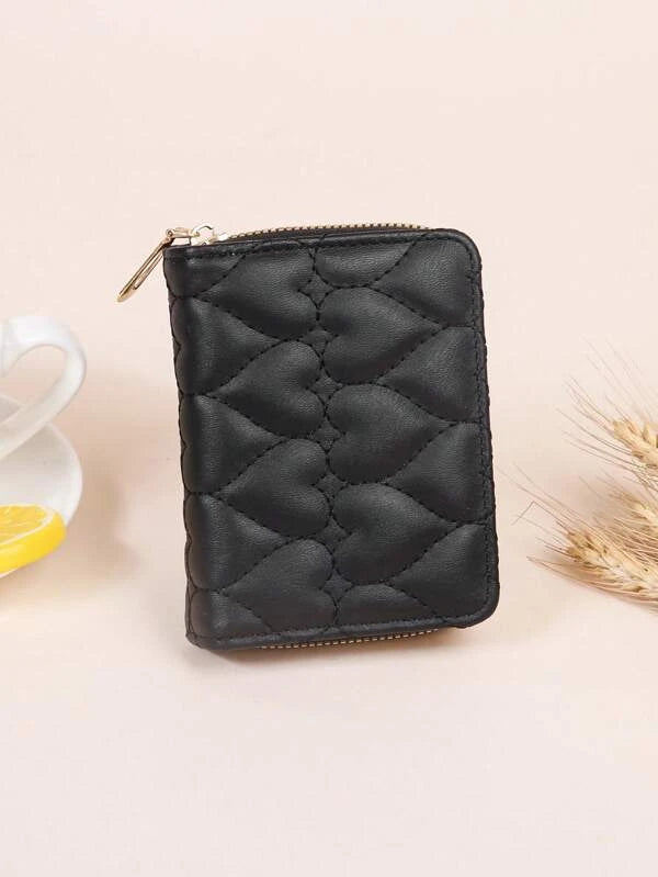 Heart Quilted Small Wallet Trifold Zipper Beige Coin Pocket Small Purse Bifold Zipper Women Wallet