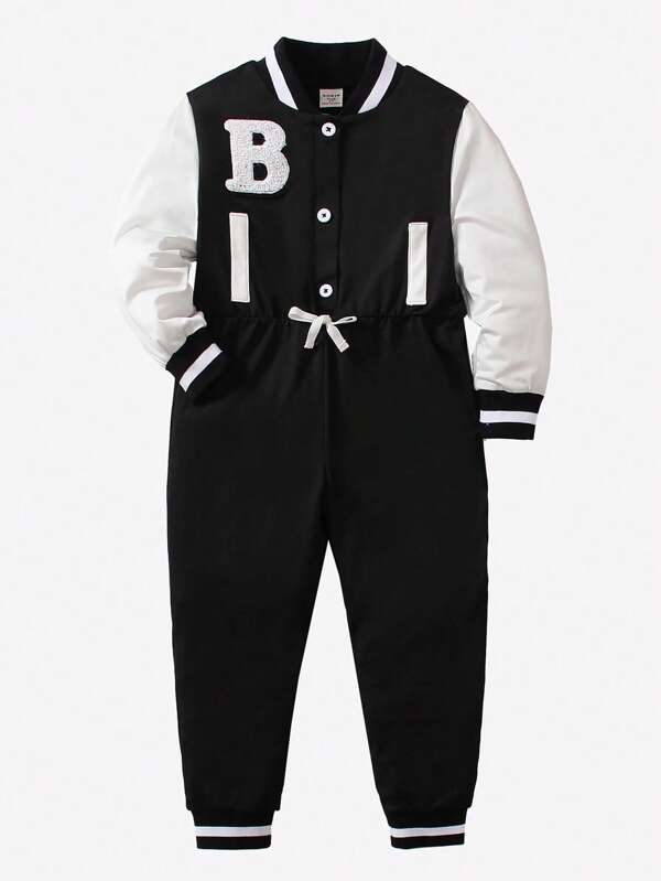 Young Boy Letter Patched Striped Trim Colorblock Varsity Jumpsuit