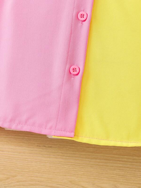 Toddler Girls Colorblock Puff Sleeve Button Front Shirt Dress