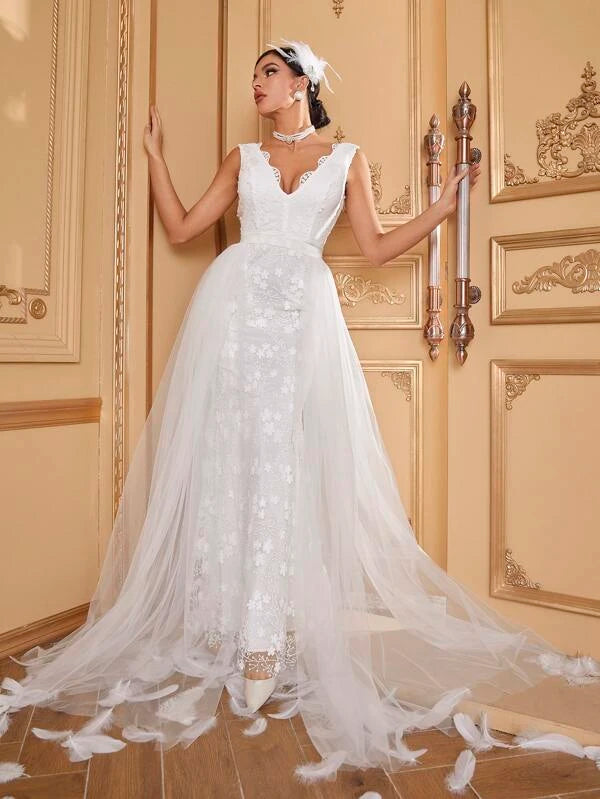 Contrast Mesh Lace Trim Floor Length Wedding Dress