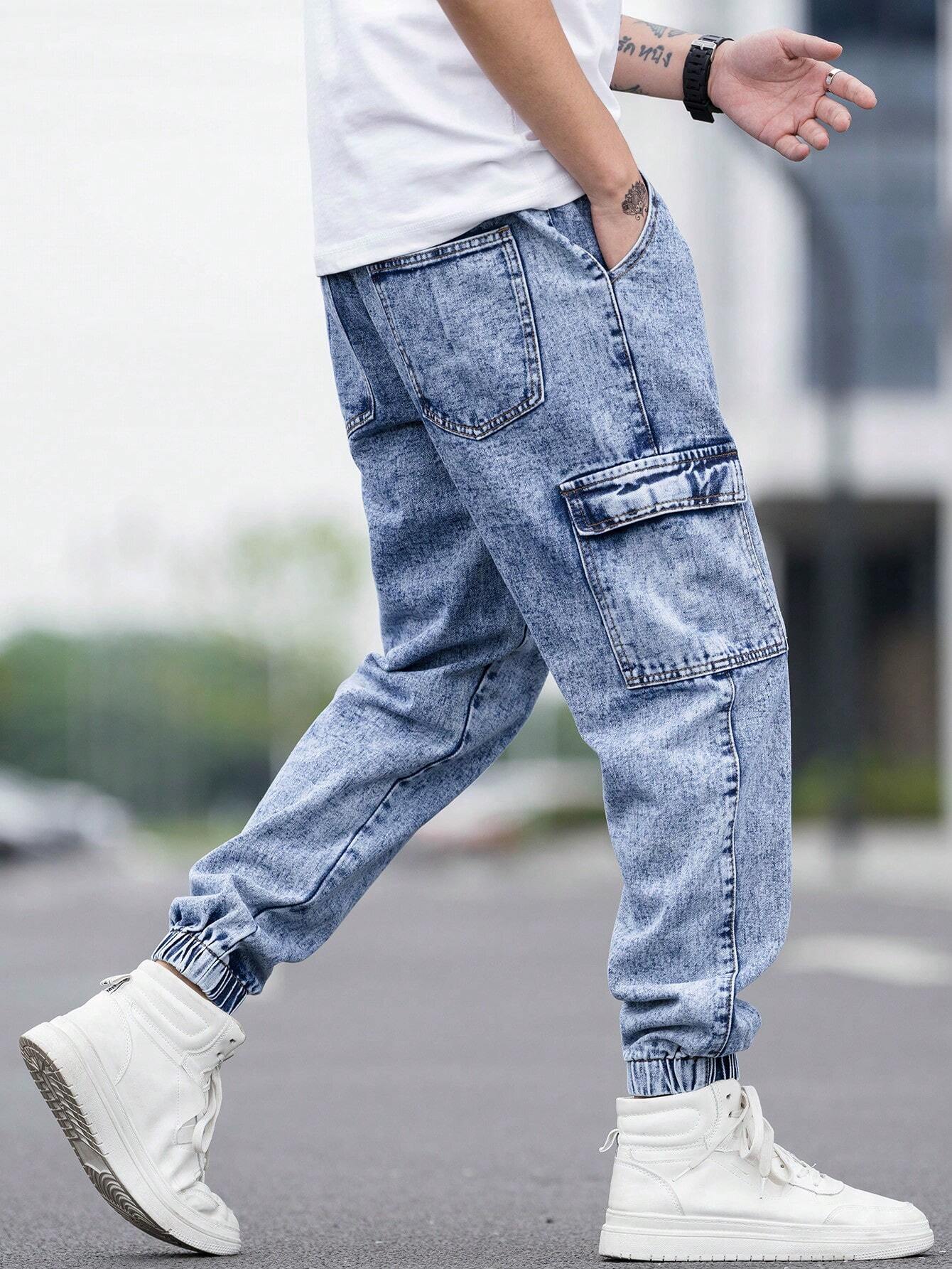 Men Flap Pocket Side Drawstring Waist Cargo Jeans