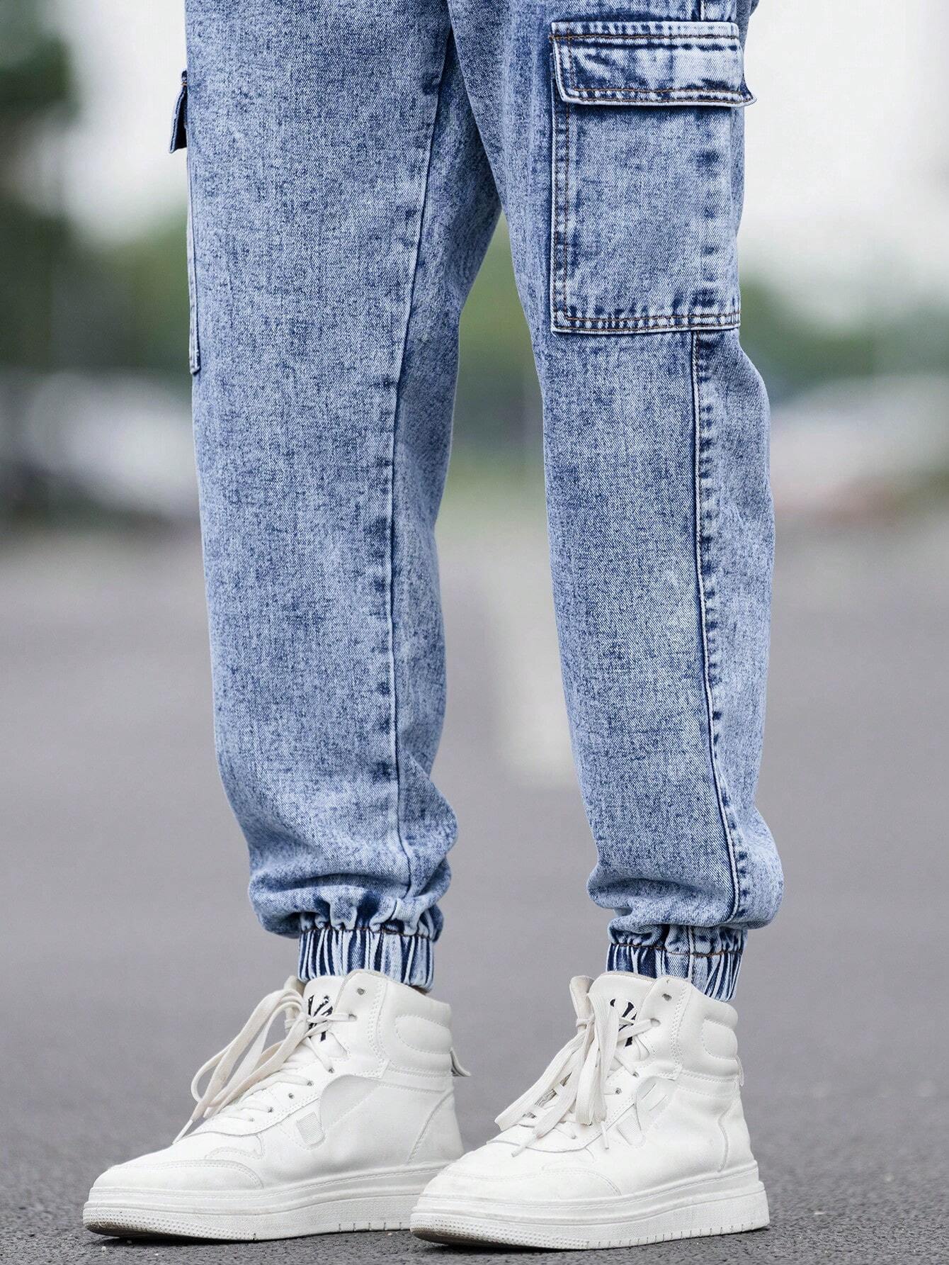 Men Flap Pocket Side Drawstring Waist Cargo Jeans
