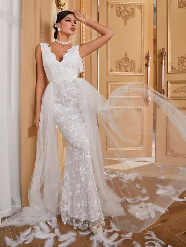 Contrast Mesh Lace Trim Floor Length Wedding Dress