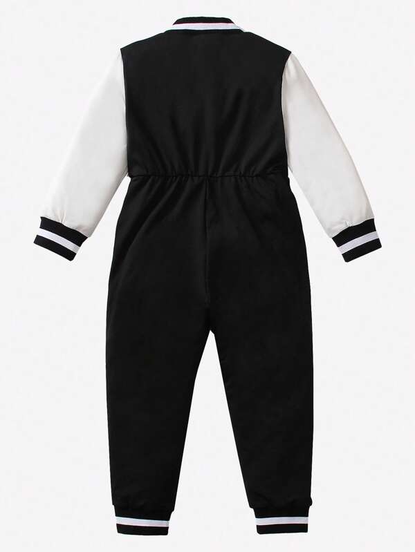 Young Boy Letter Patched Striped Trim Colorblock Varsity Jumpsuit