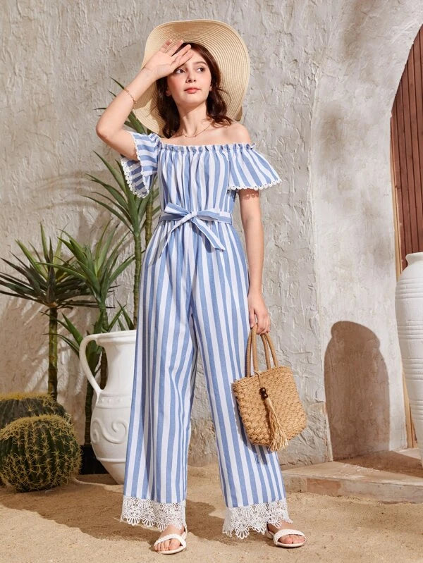 SHEIN Teen Girls Striped Print Off Shoulder Guipure Lace Trim Belted Jumpsuit