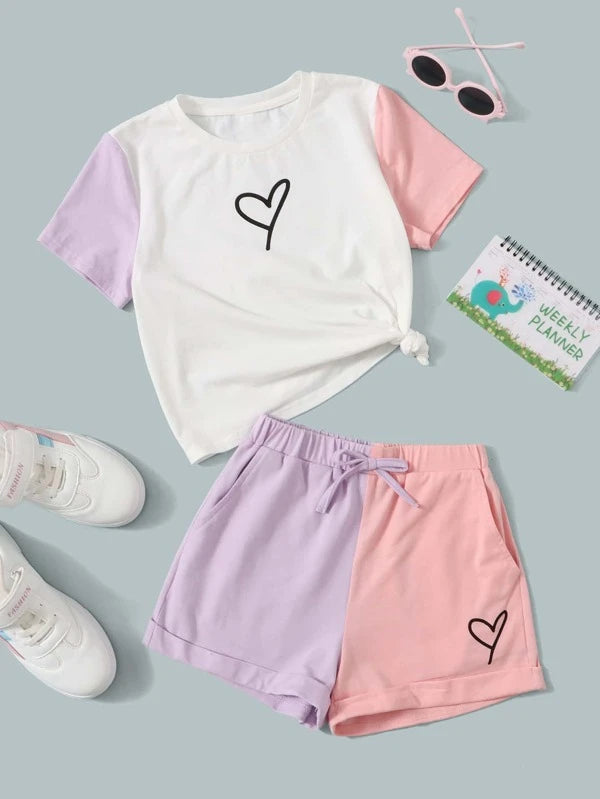 SHEIN Girls Heart Print Colorblock Tee & Knot Waist Shorts