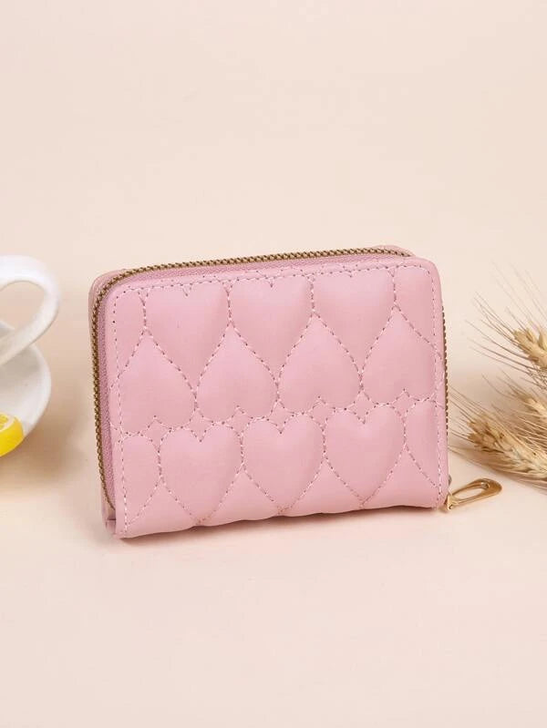 Heart Quilted Small Wallet Trifold Zipper Beige Coin Pocket Small Purse Bifold Zipper Women Wallet