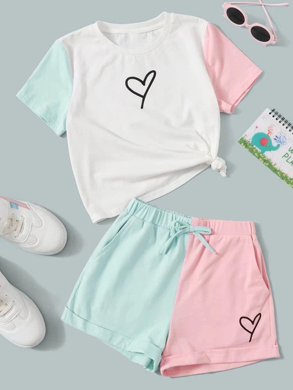 SHEIN Girls Heart Print Colorblock Tee & Knot Waist Shorts