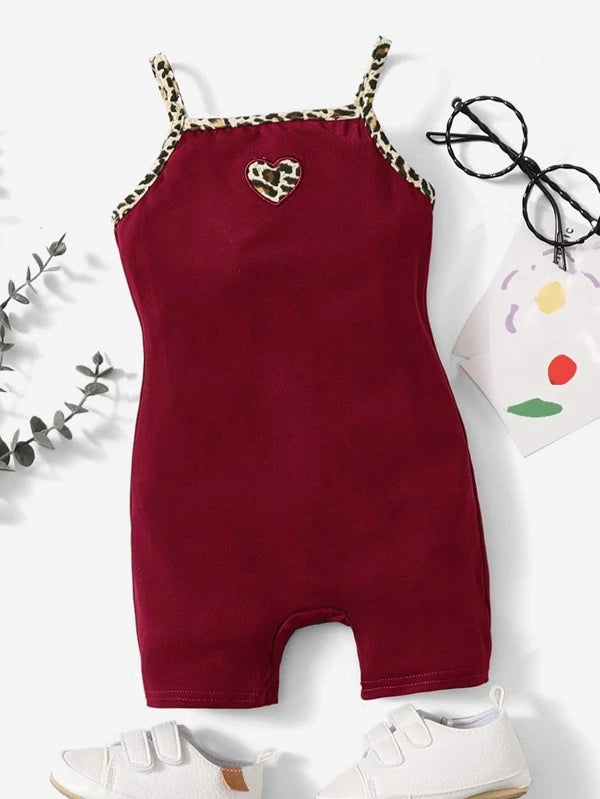 SHEIN Baby Heart Embroidery Contrast Leopard Binding Cami Romper