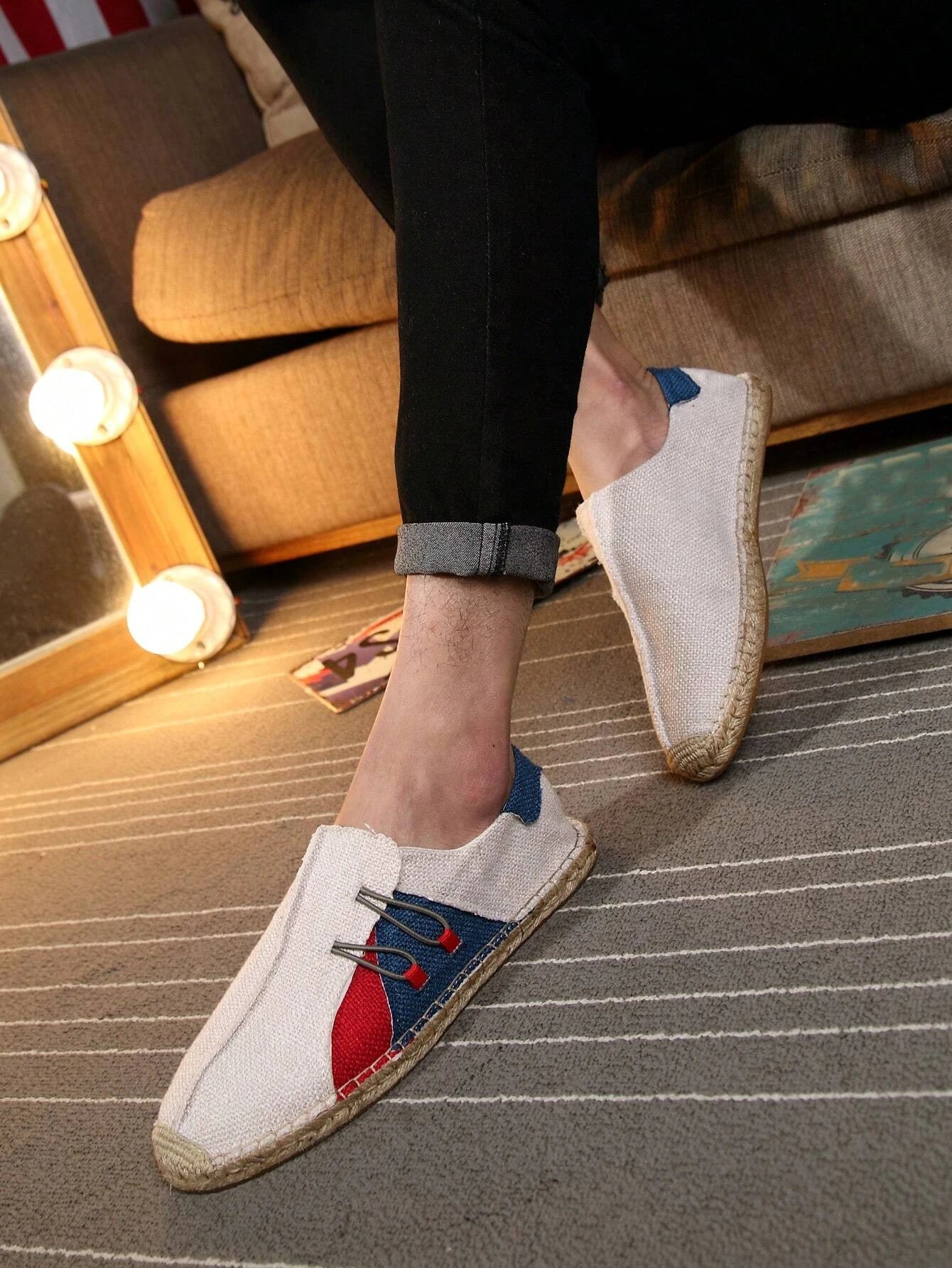 Men Colorblock Elastic Band Espadrille Loafers, Vacation Driving Loafers