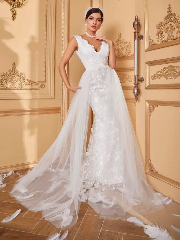 Contrast Mesh Lace Trim Floor Length Wedding Dress