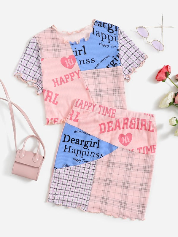 SHEIN Teen Girls Letter & Tartan Graphic Tee & Lettuce Trim Skirt Set